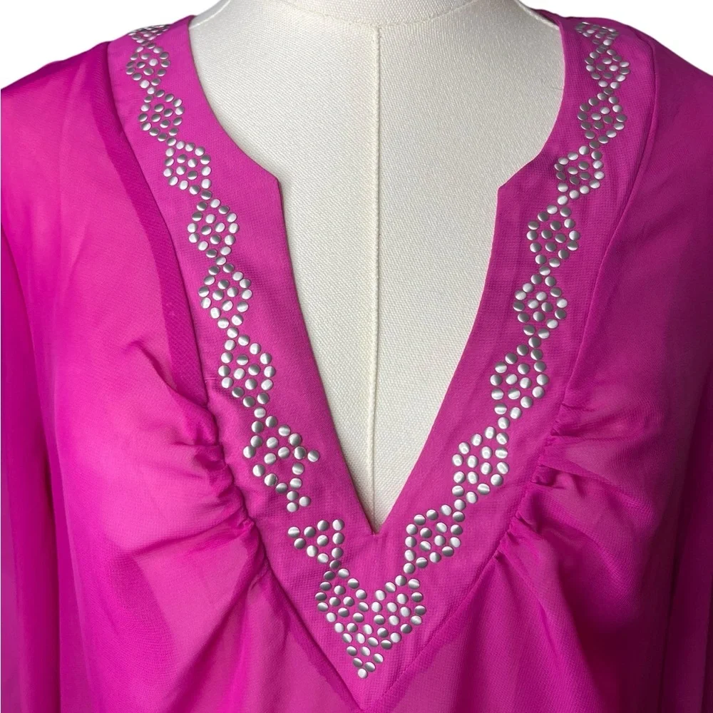 ~ CATALINA Women M 8/10Tunic Beaded Swimwear‎ Cover-up Pink Deep V Neck Bell